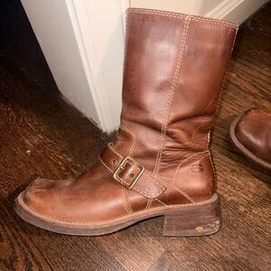 Brown Leather Buckle Mid-Calf Boot